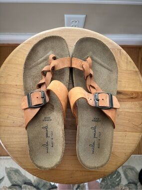 Mila Paola Tan Leather Buckle Slide Sandals
